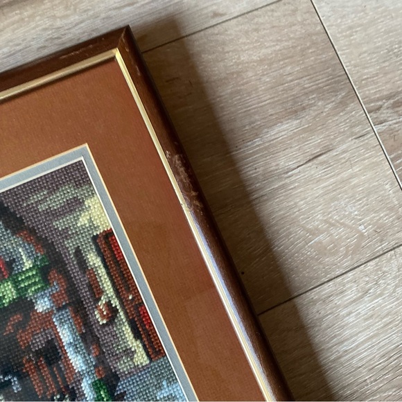 Vintage needlepoint cross stitch wall art cottage fireplace scenes - Picture 5 of 9